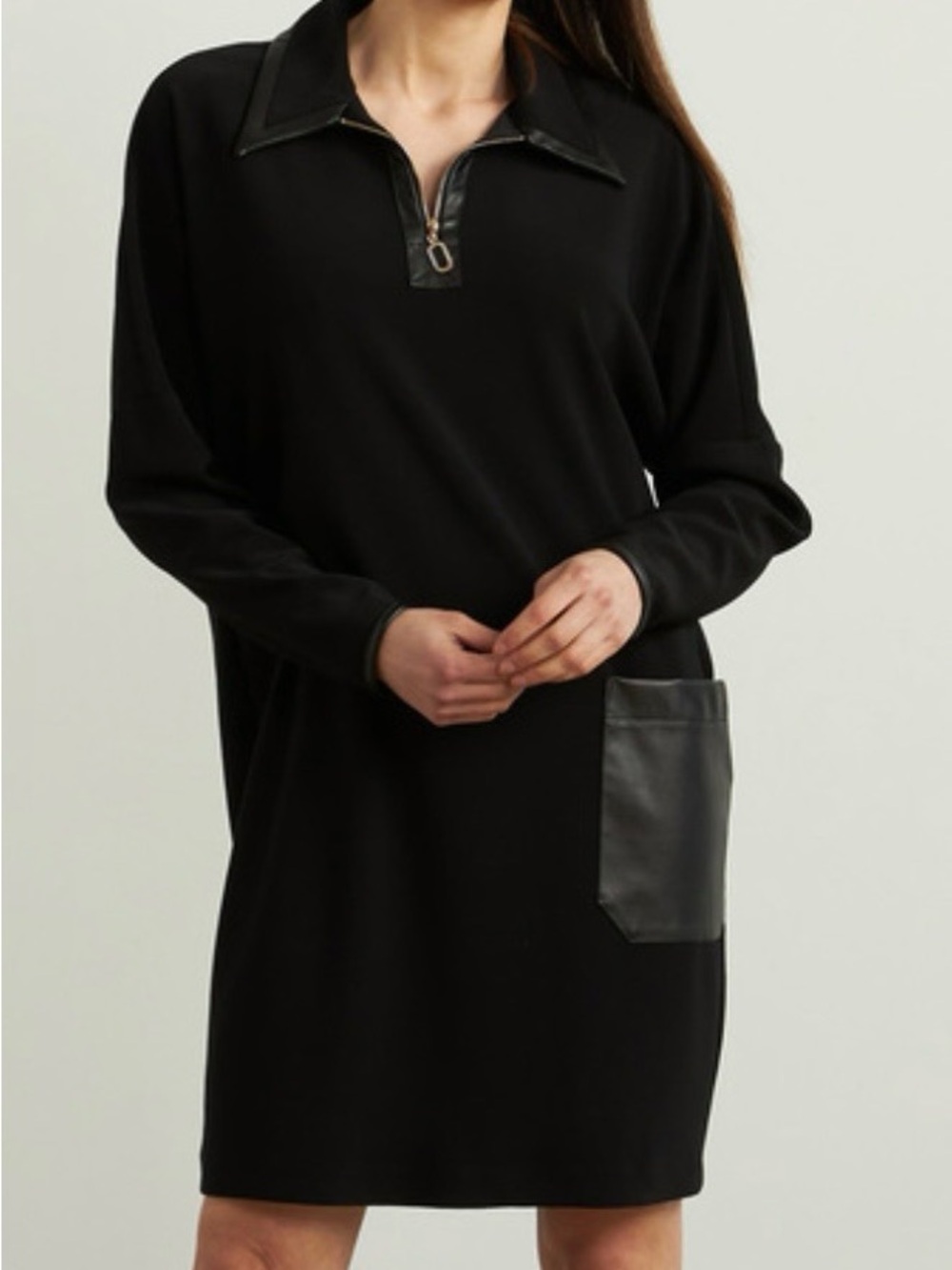Joseph Ribkoff Lightweight Black Long-Sleeve Polo Dress with Faux Leather Trim